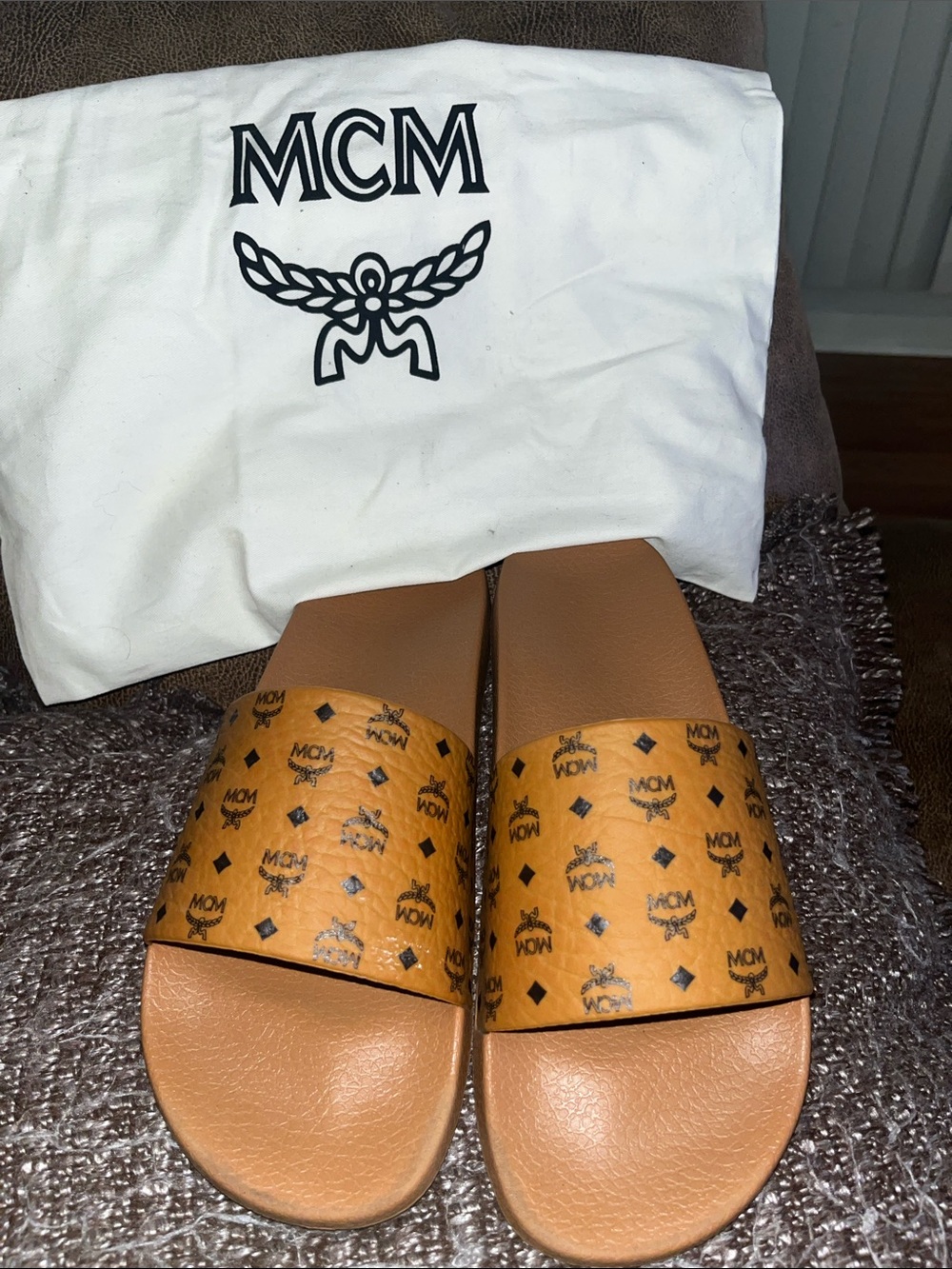 MCM Tan Cognac Logo Slide Sandals for Men